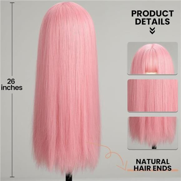 Pink Wig With Bangs For Women Long Straight Wigs Synthetic For Girls - Picture 4 of 7